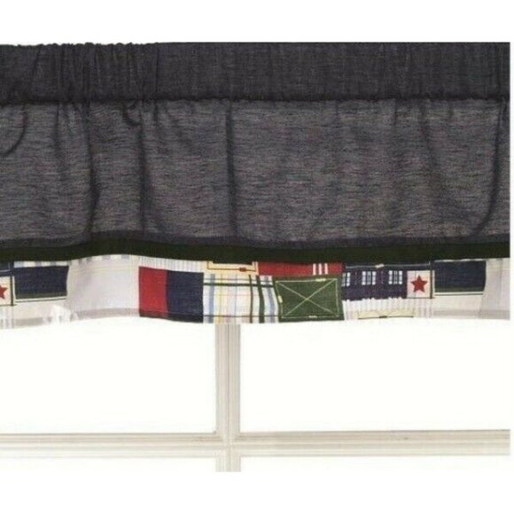 Kids Line 3 Panel Set Oxford Bear Window Valance Blue Patchwork Plaid Border - Picture 1 of 3